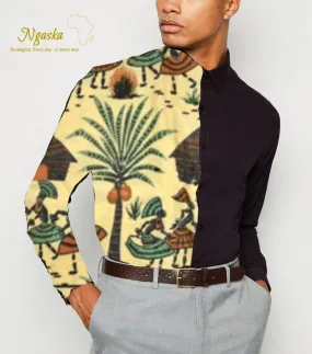 African Ankara Long Sleeves Shirt for Men - Yellow Huts (LSM2)