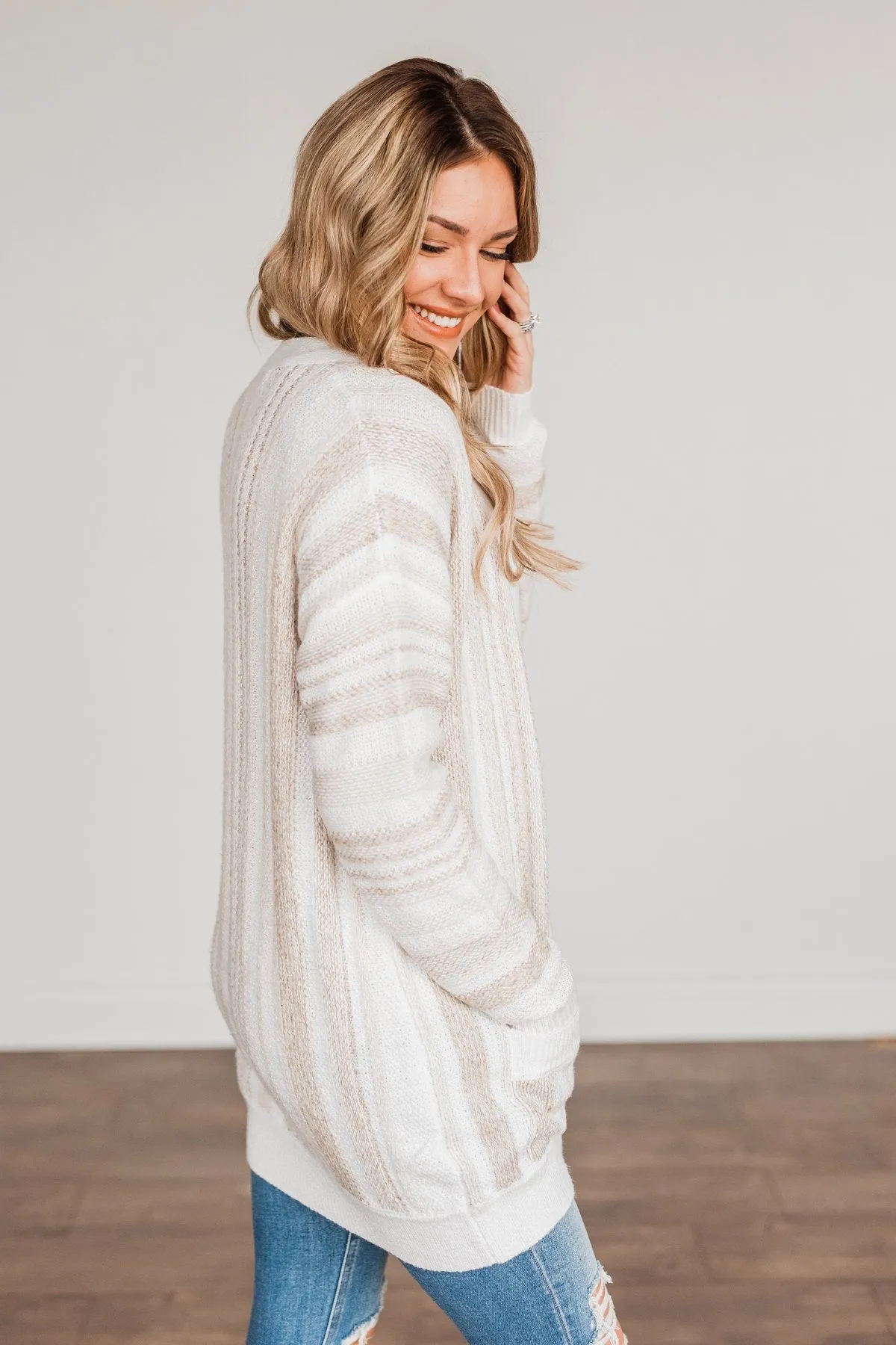 All Bundled Up Striped Cardigan- Ivory