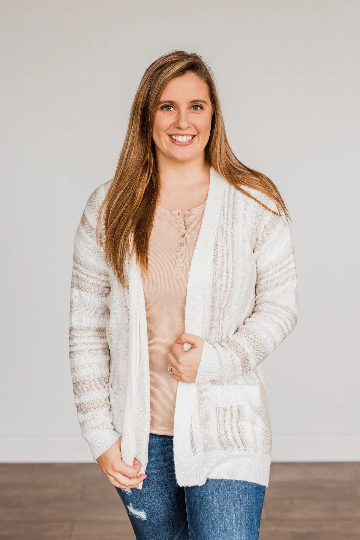 All Bundled Up Striped Cardigan- Ivory