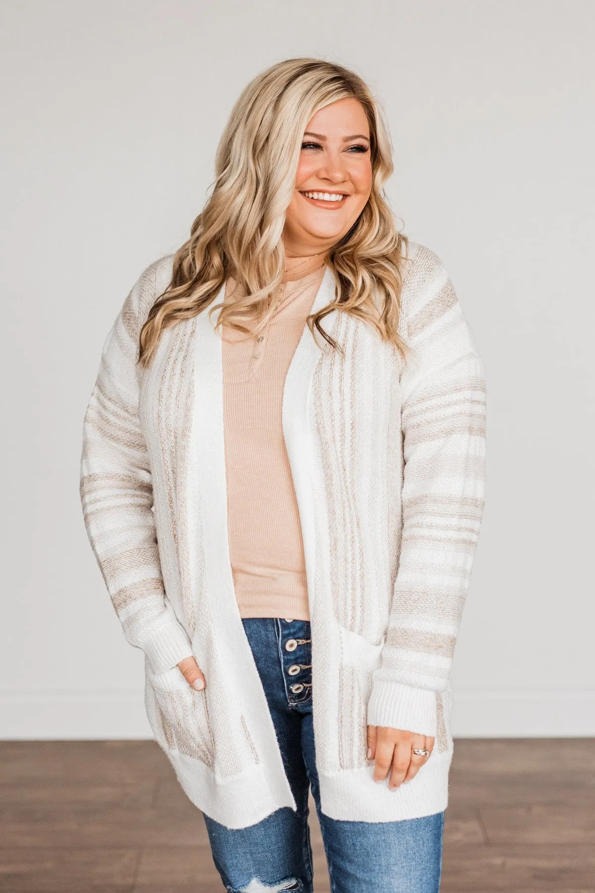 All Bundled Up Striped Cardigan- Ivory