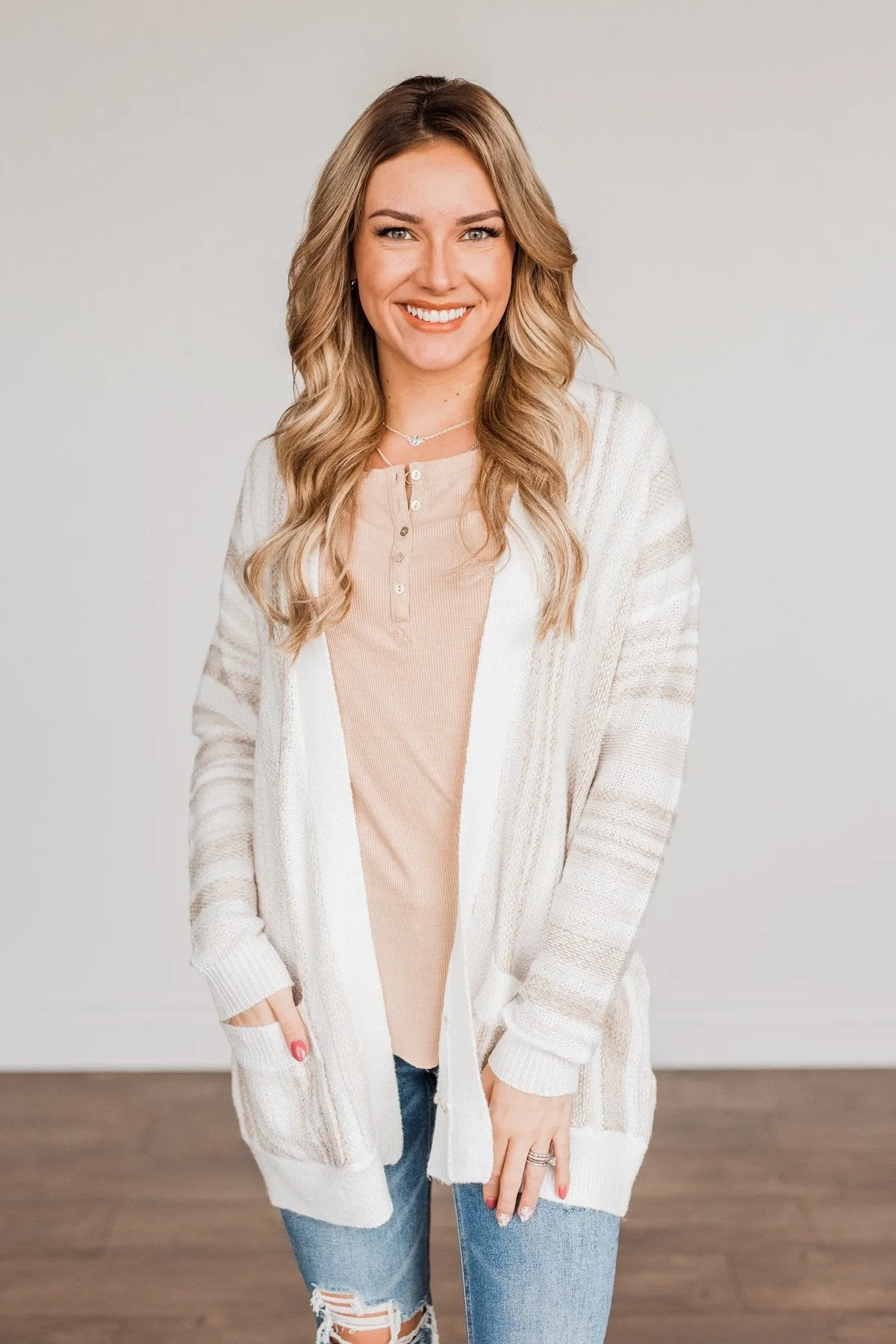 All Bundled Up Striped Cardigan- Ivory