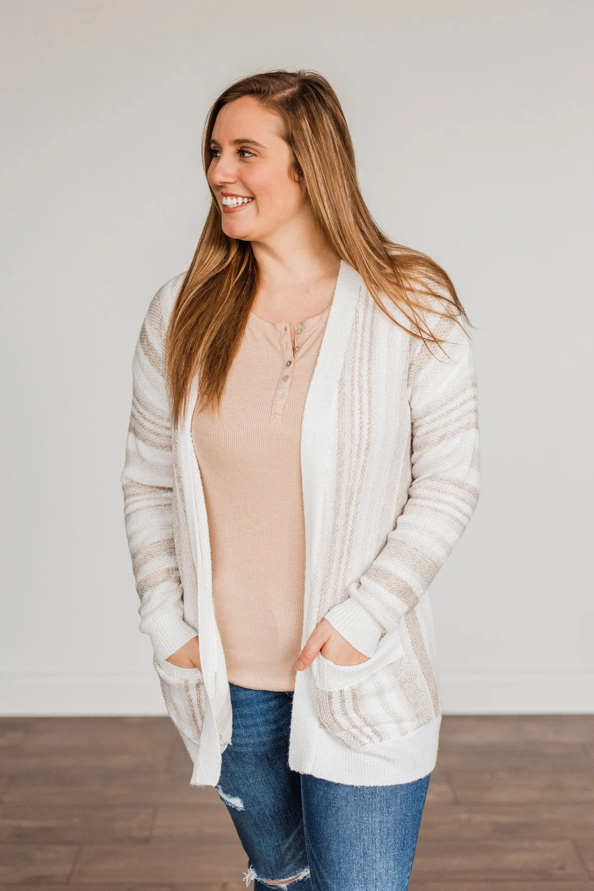 All Bundled Up Striped Cardigan- Ivory