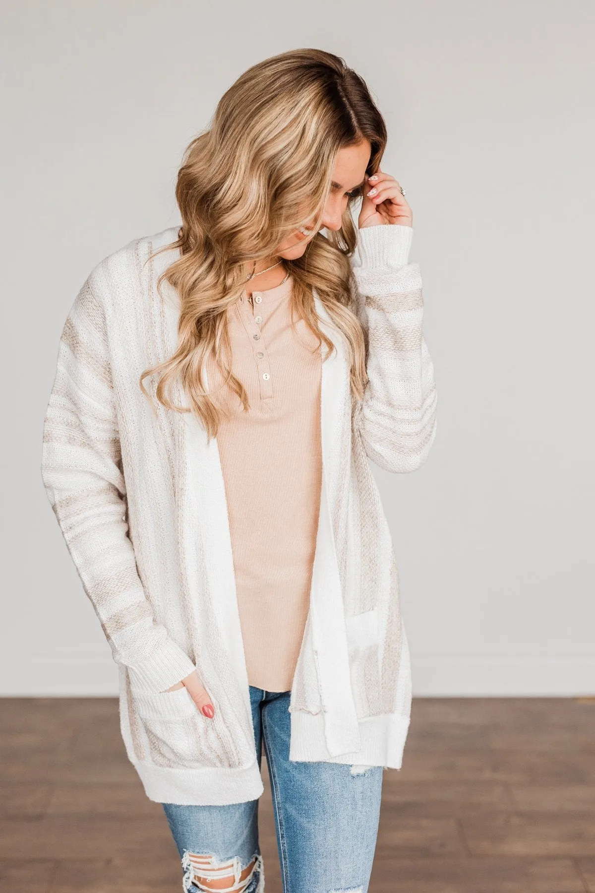 All Bundled Up Striped Cardigan- Ivory