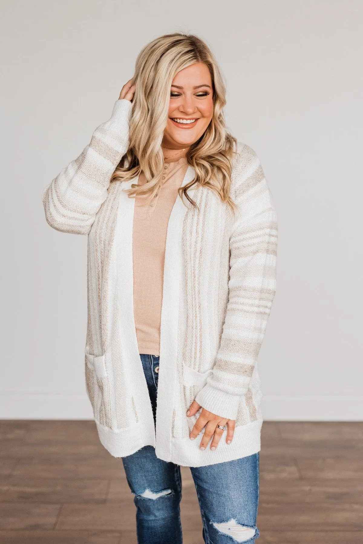 All Bundled Up Striped Cardigan- Ivory