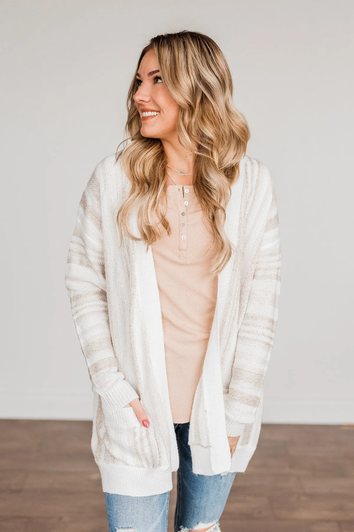 All Bundled Up Striped Cardigan- Ivory