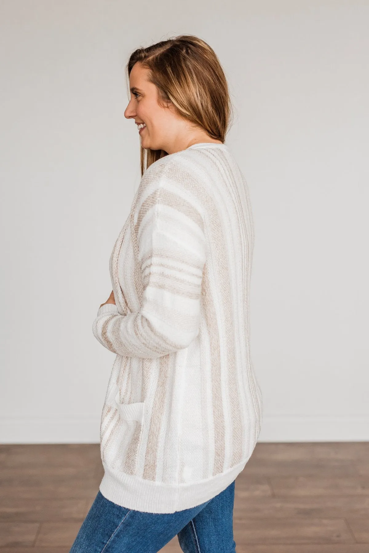 All Bundled Up Striped Cardigan- Ivory