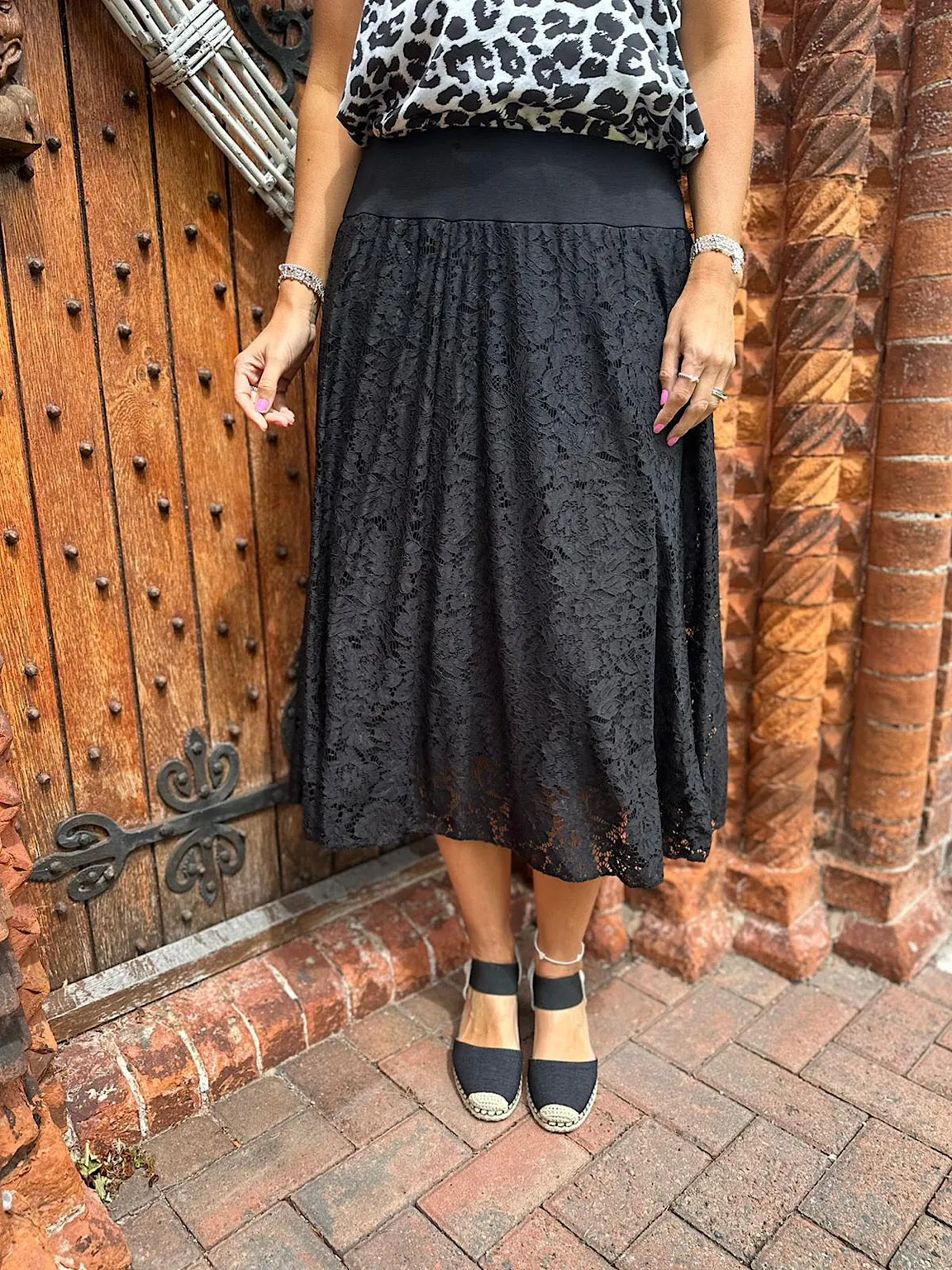 Black Lined Floral Lace Skirt