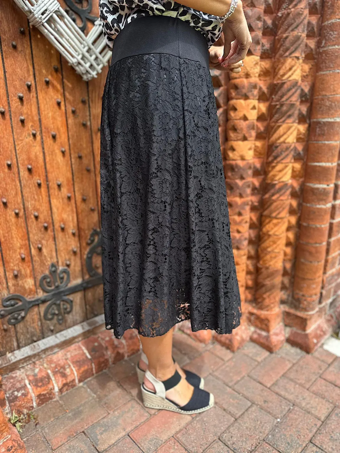 Black Lined Floral Lace Skirt