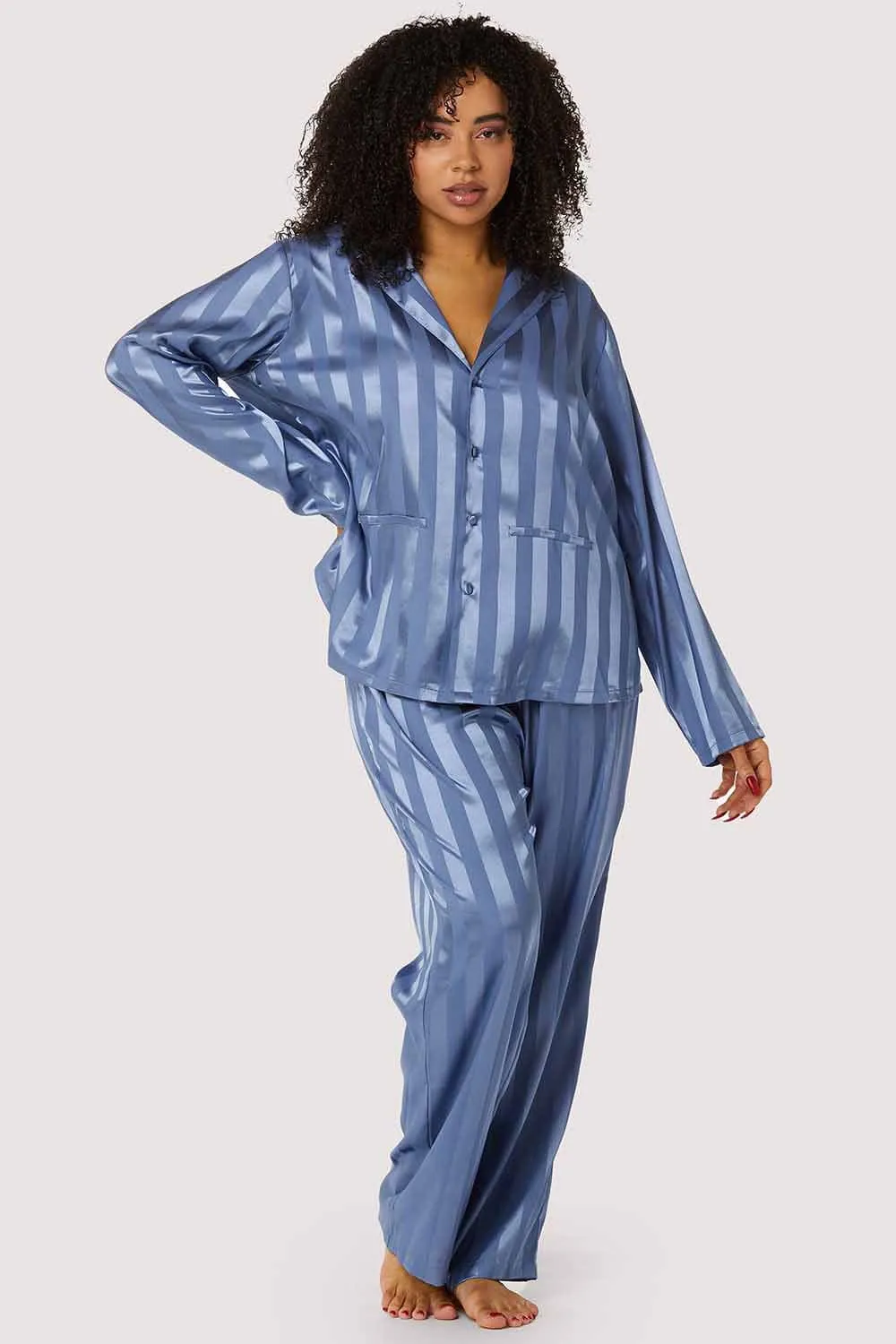 Blue Stripe Satin Pyjama Set, Size UK 12