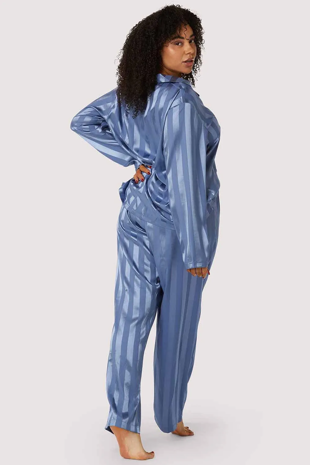 Blue Stripe Satin Pyjama Set, Size UK 12