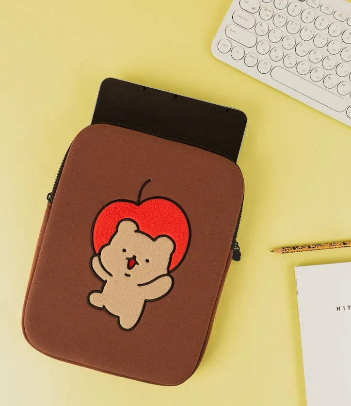 Brown Apple Bear Cute Embroidery Laptop Sleeves iPad Fitted Cases Covers Protective Tablet Pouches Purses Handbags Square Cushio