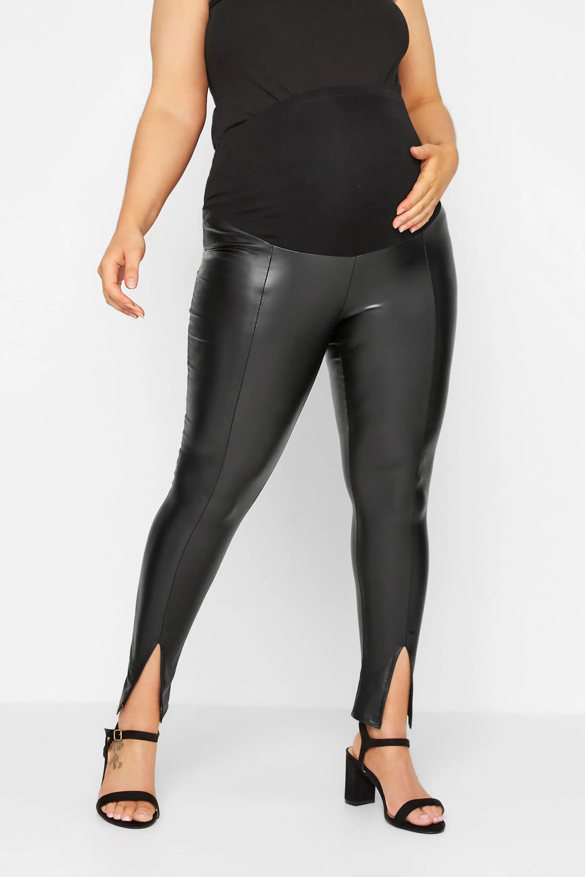 BUMP IT UP MATERNITY Curve Black Leather Look Split Front Stretch Leggings