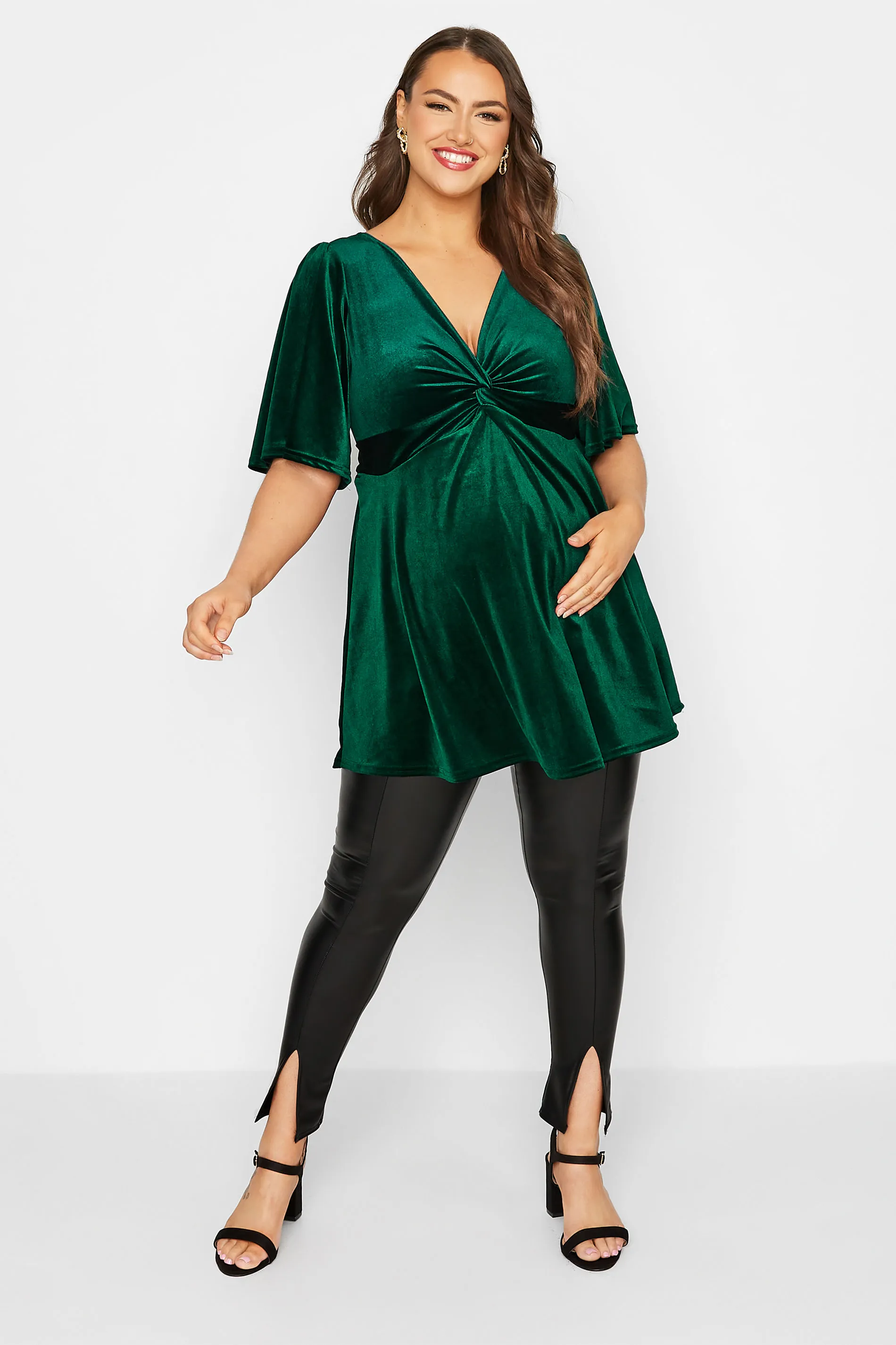 BUMP IT UP MATERNITY Curve Black Leather Look Split Front Stretch Leggings