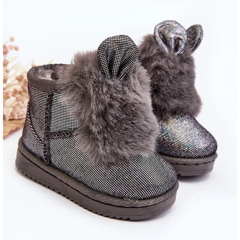 Children's Snow Boots Insulated with Fur, Gray Betty, with Ears grey