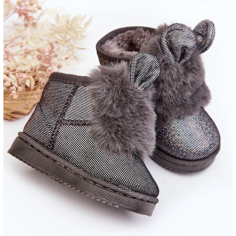 Children's Snow Boots Insulated with Fur, Gray Betty, with Ears grey