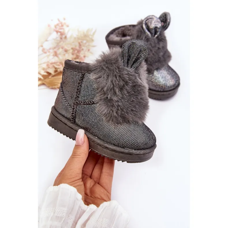 Children's Snow Boots Insulated with Fur, Gray Betty, with Ears grey