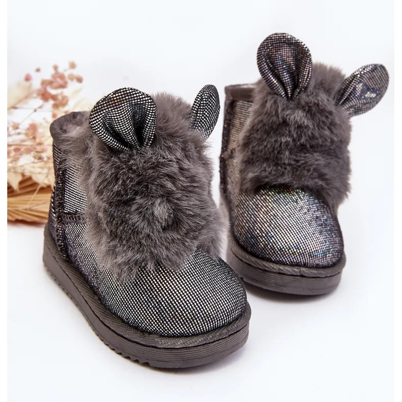 Children's Snow Boots Insulated with Fur, Gray Betty, with Ears grey