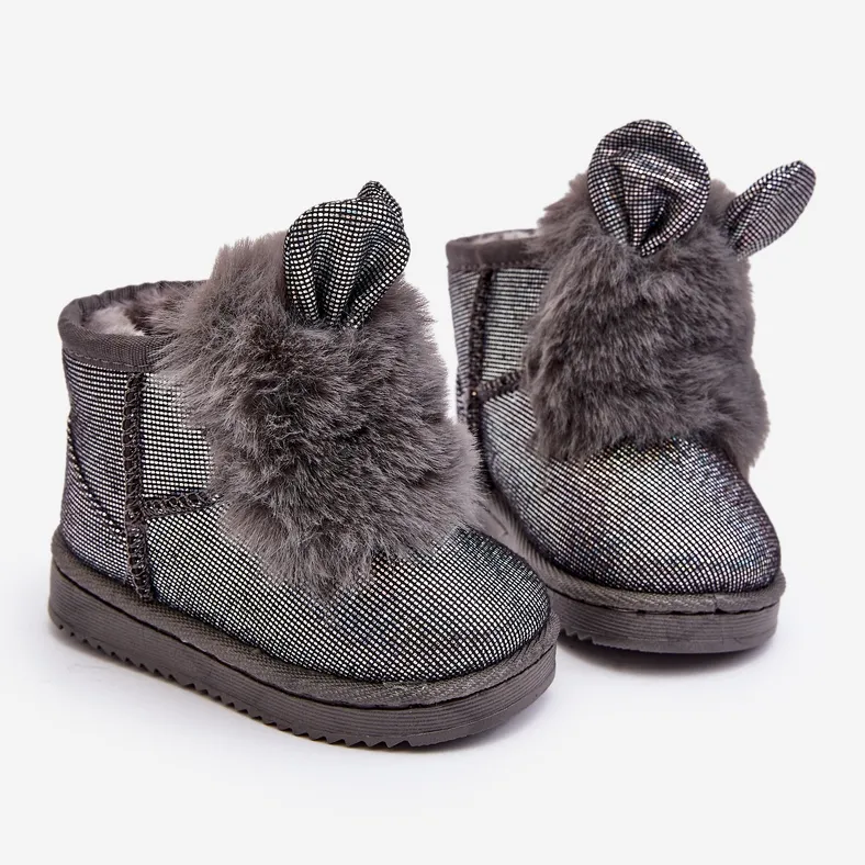 Children's Snow Boots Insulated with Fur, Gray Betty, with Ears grey