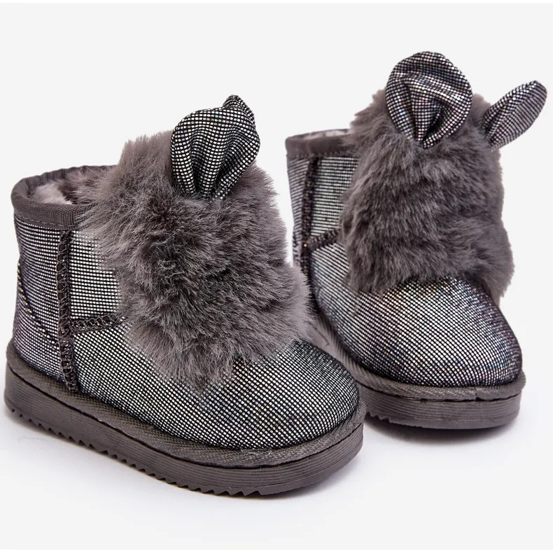 Children's Snow Boots Insulated with Fur, Gray Betty, with Ears grey