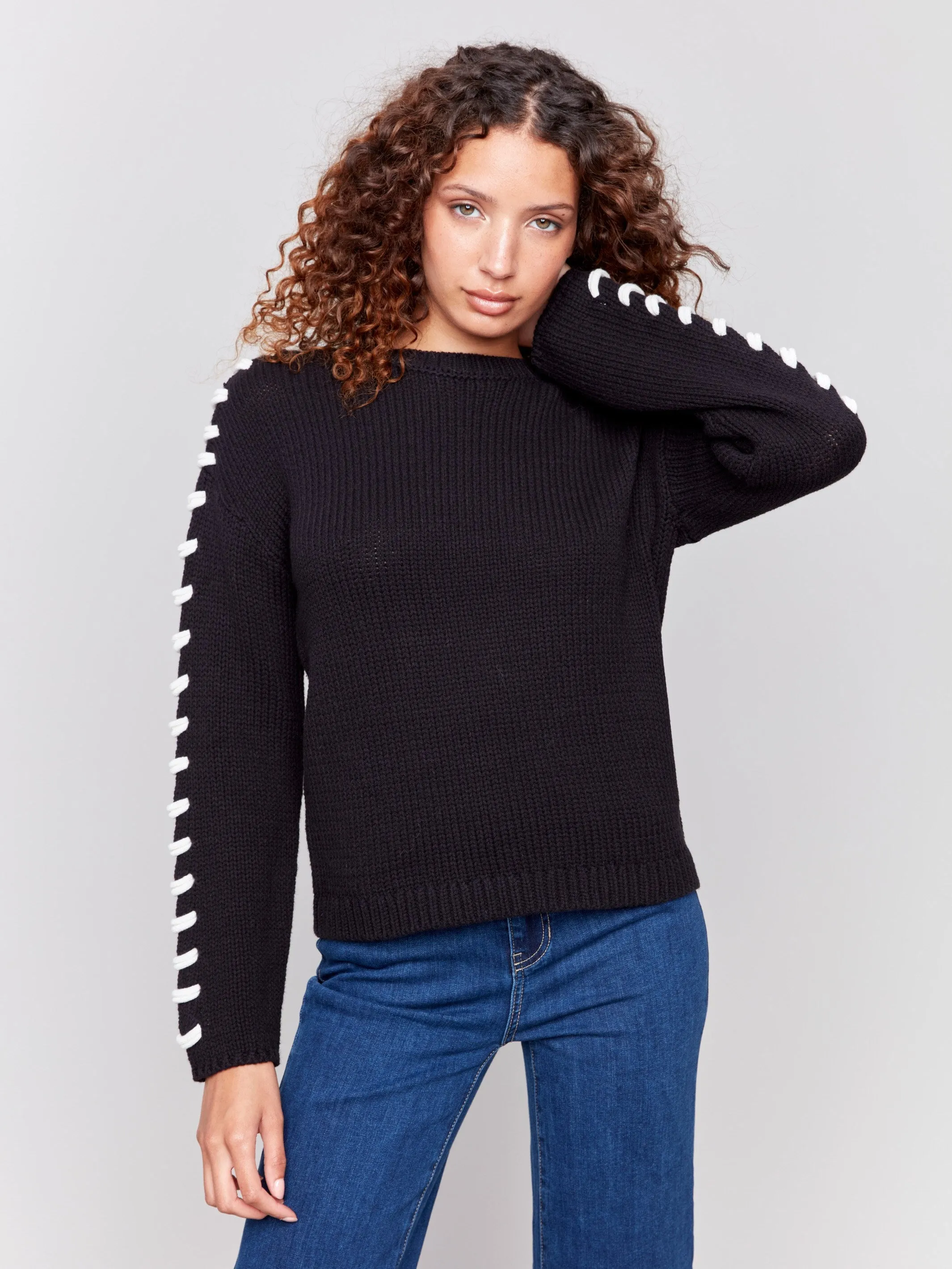 Cotton Blend Sweater with Stitch Detail - Black