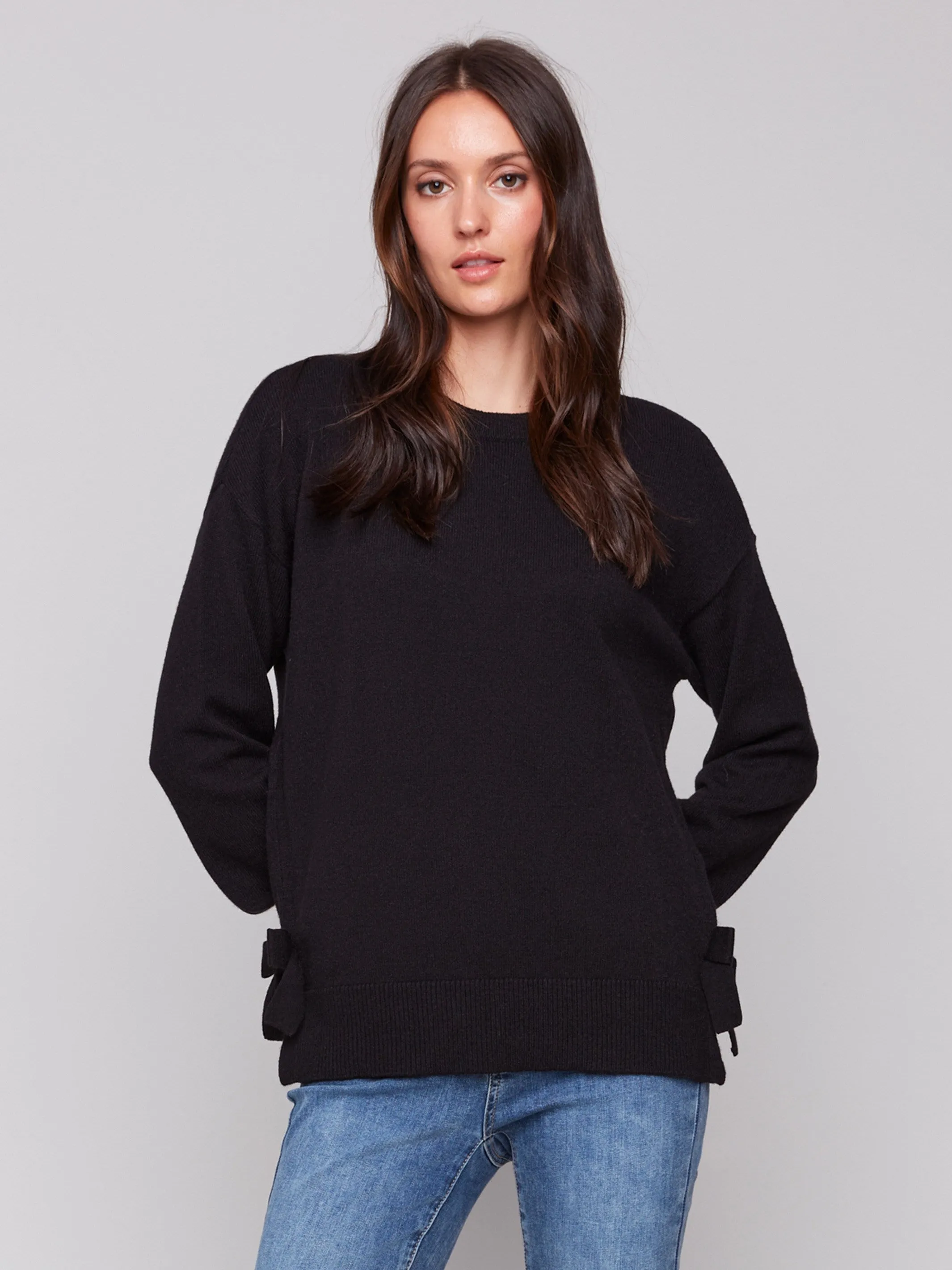 Crew Neck Sweater with Side Bows - Black