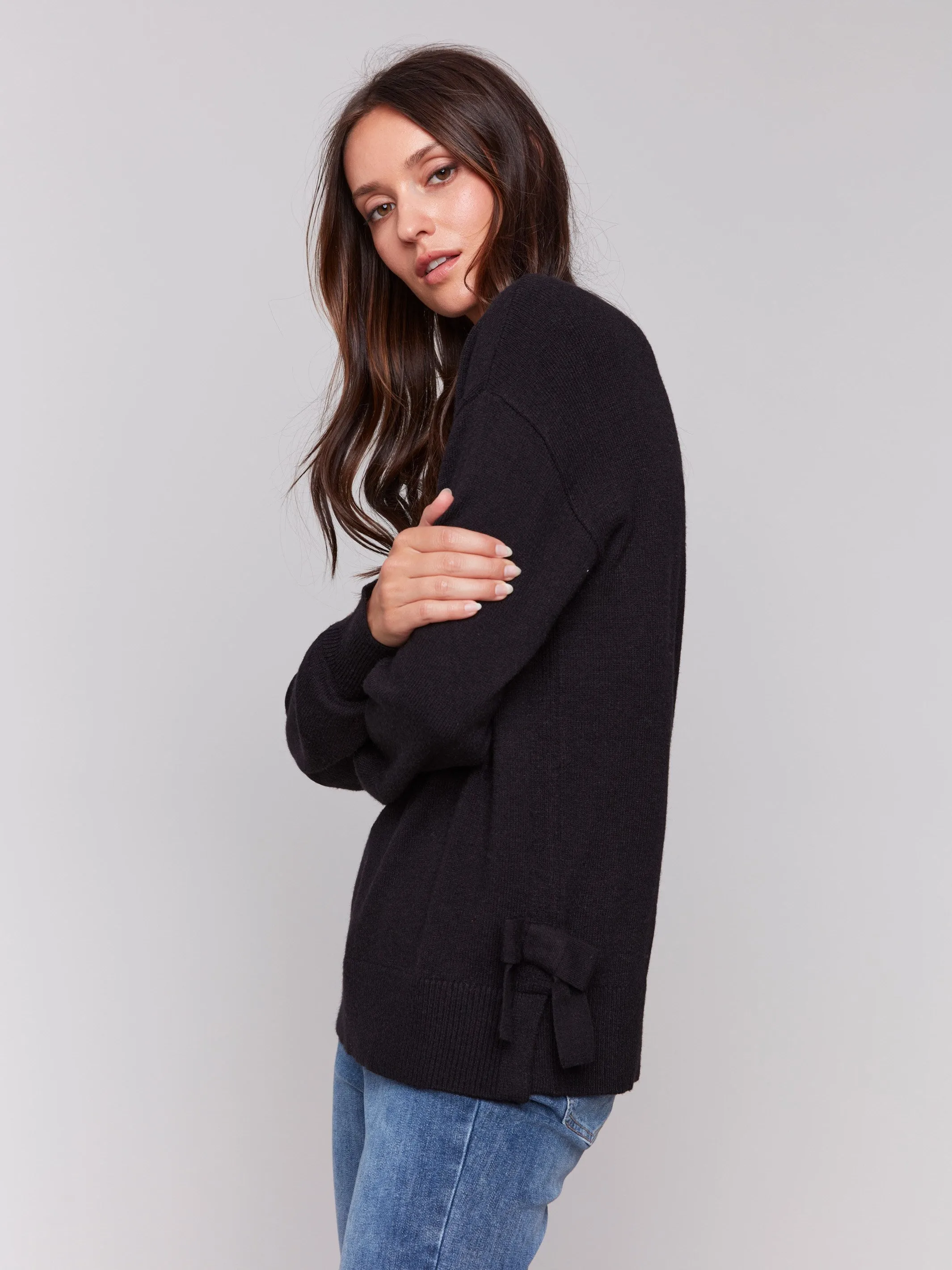 Crew Neck Sweater with Side Bows - Black