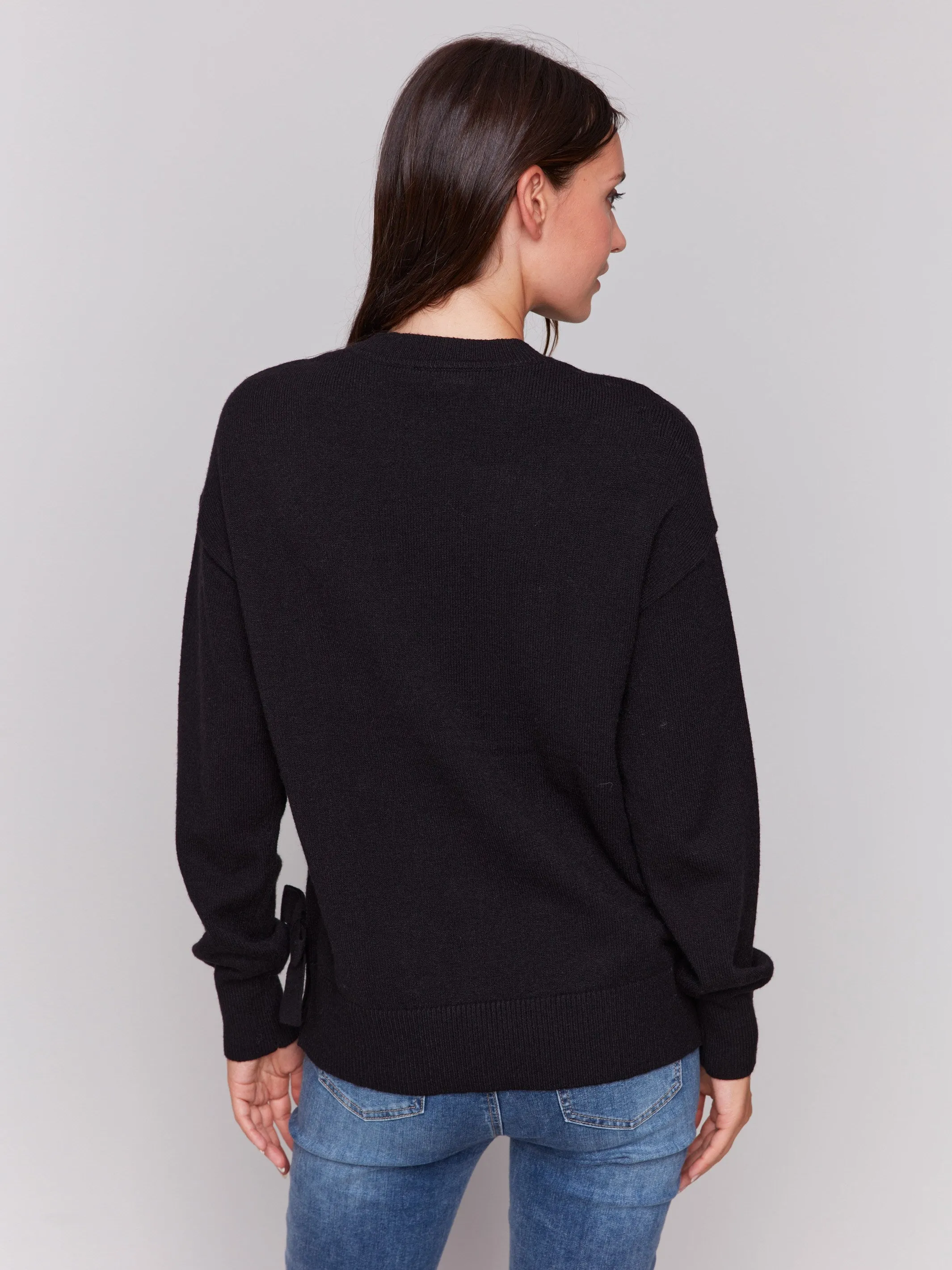 Crew Neck Sweater with Side Bows - Black