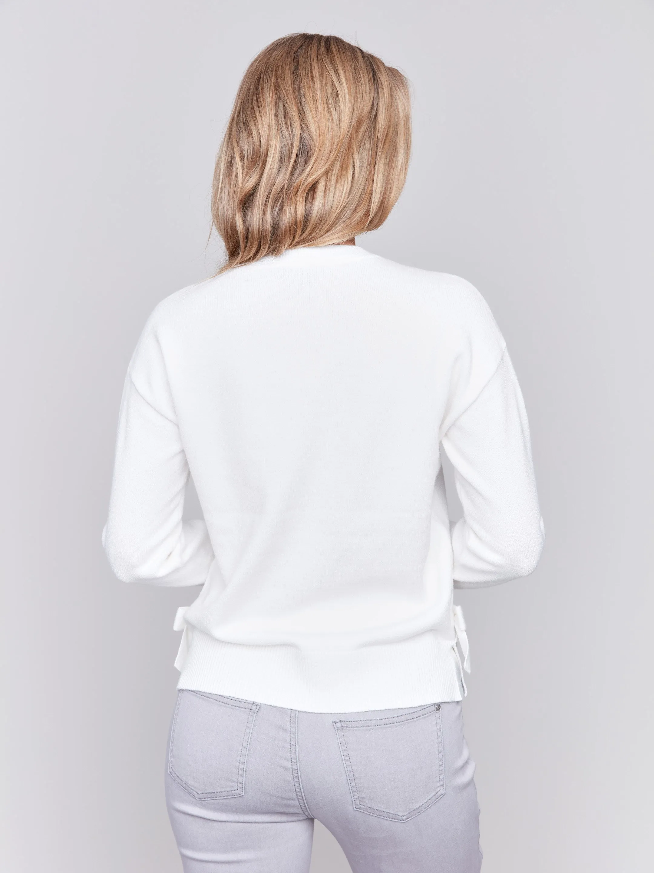 Crew Neck Sweater with Side Bows - Cream