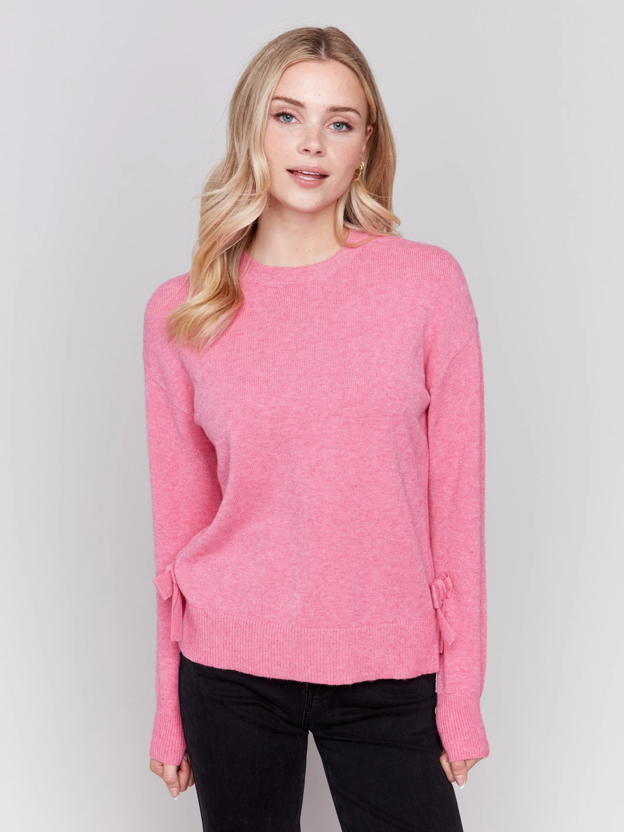 Crew Neck Sweater with Side Bows - Magenta