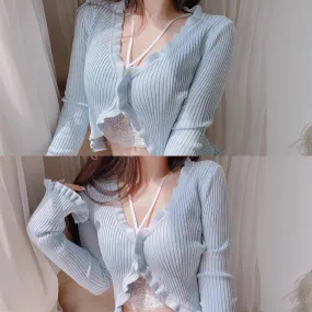 crop cardigan water blue / cream yellow