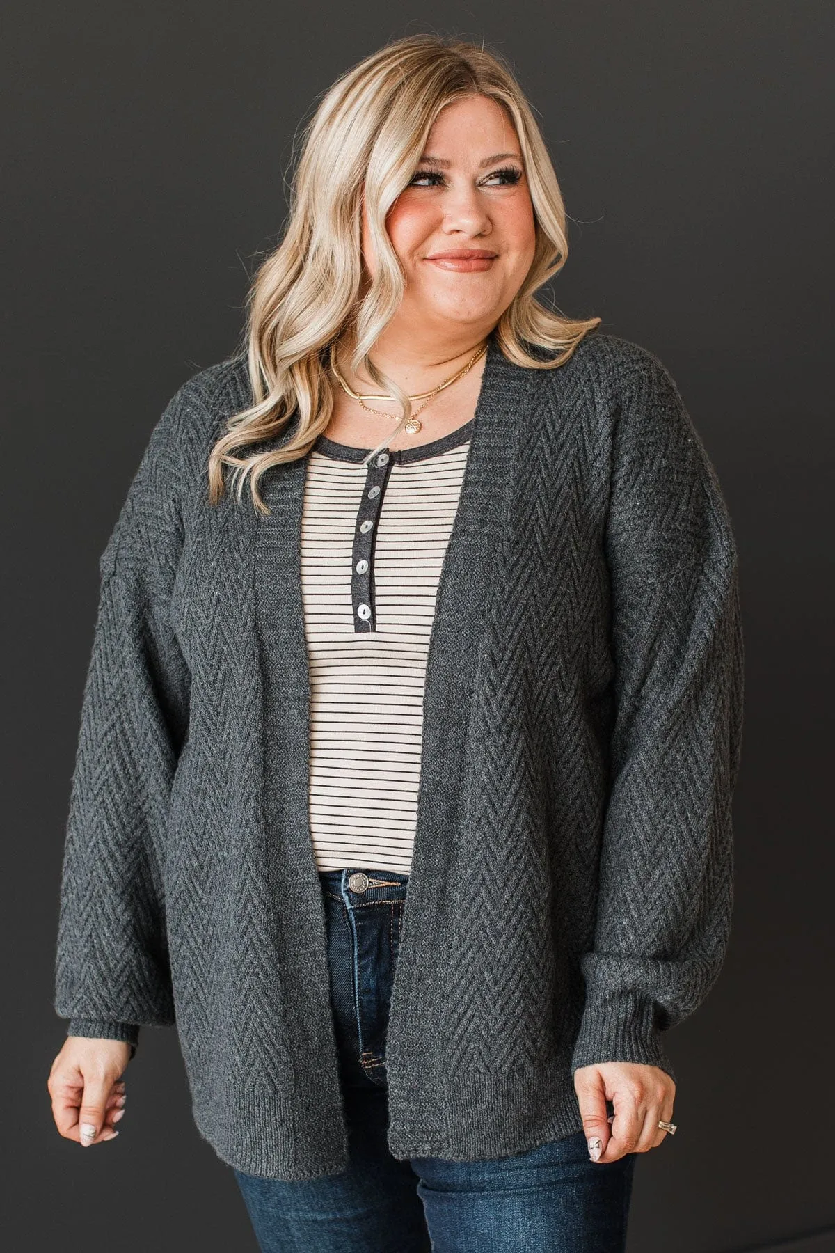 Dream Romance Open Front Cardigan- Charcoal