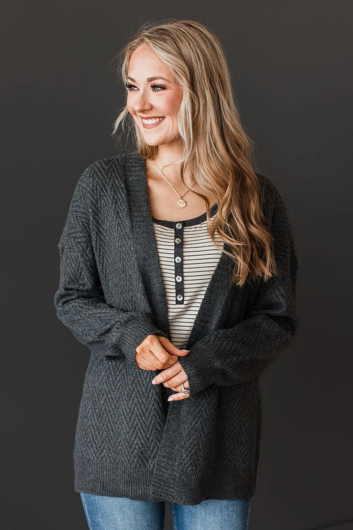 Dream Romance Open Front Cardigan- Charcoal