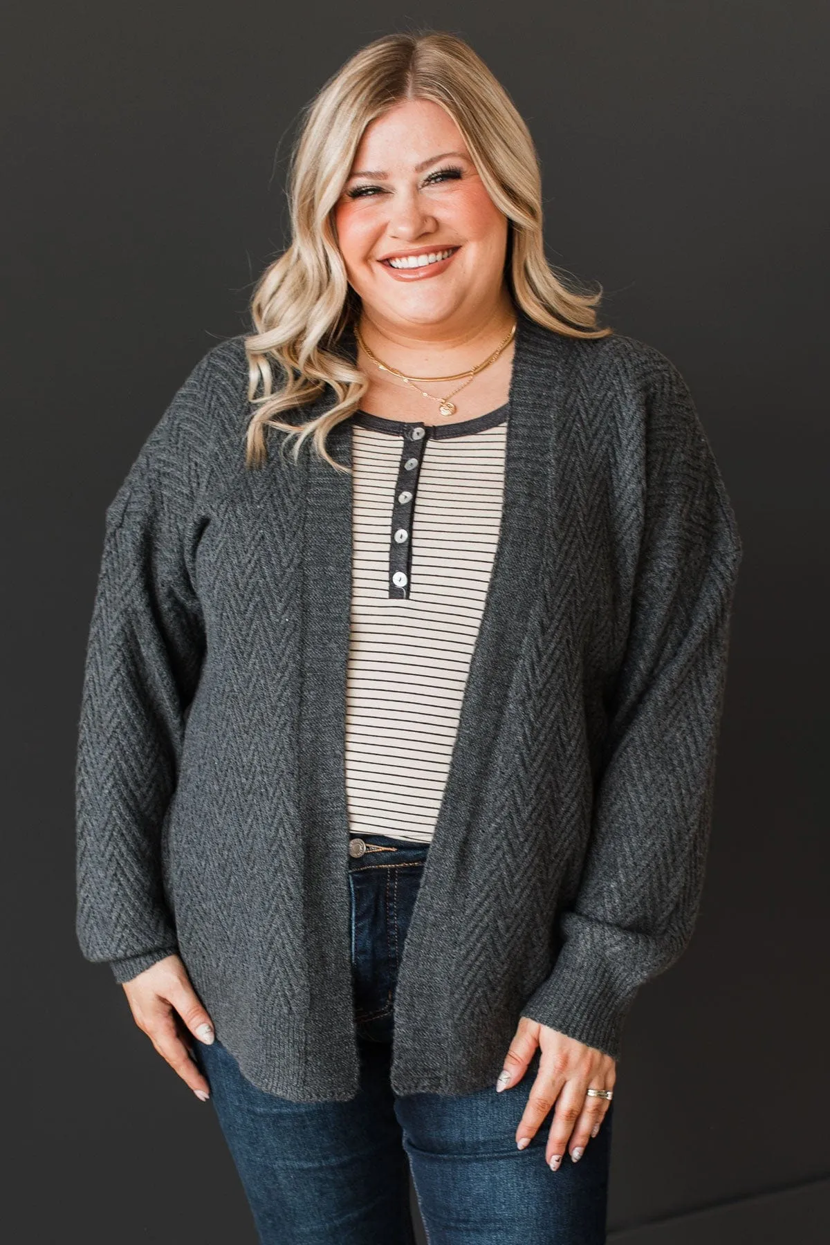 Dream Romance Open Front Cardigan- Charcoal