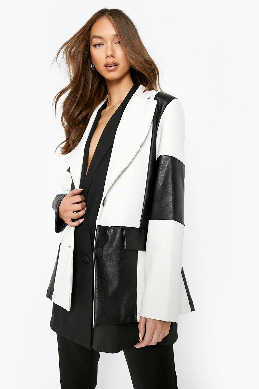 Faux Leather Mono Mixed Tailored Blazer