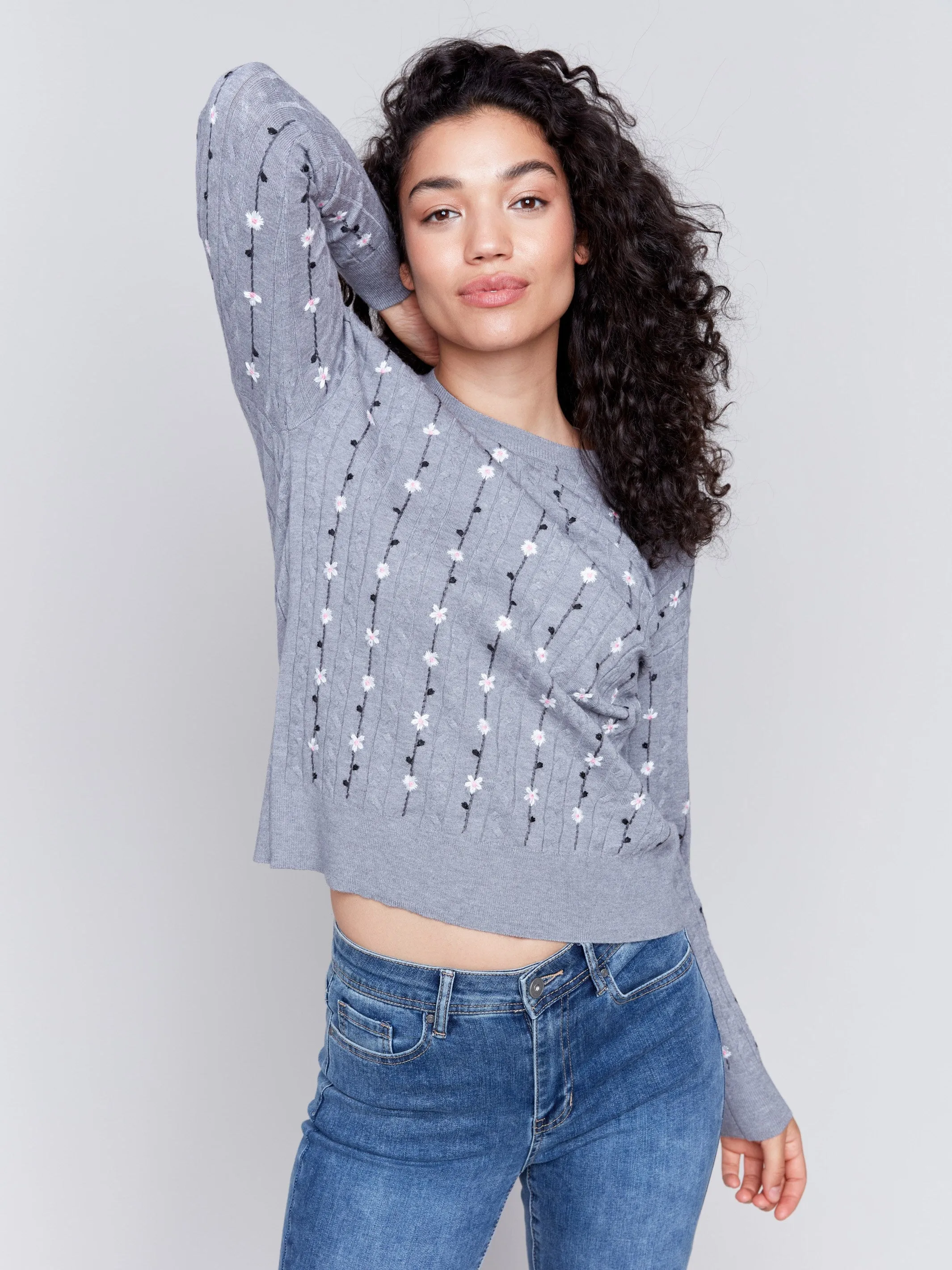 Floral Embroidery Knit Sweater - Grey