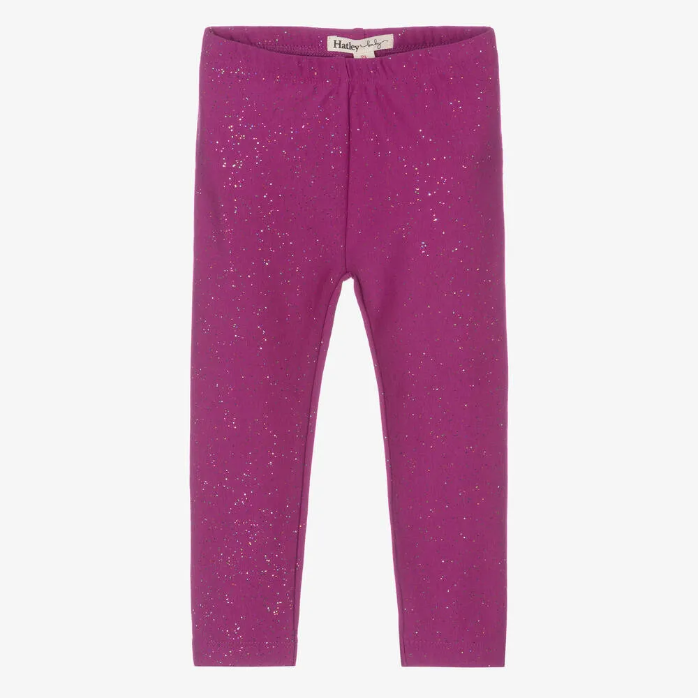 Girls Purple Cotton Glitter Leggings