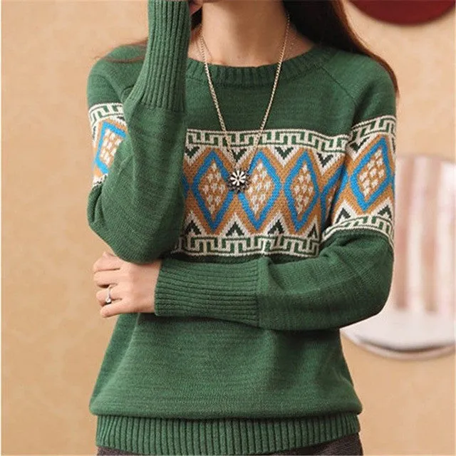 Hot! New Fashion Female Pullovers Knitted Full Sleeve O-neck Autumn Geometric Print Knitted Sweaters 71227 SM6