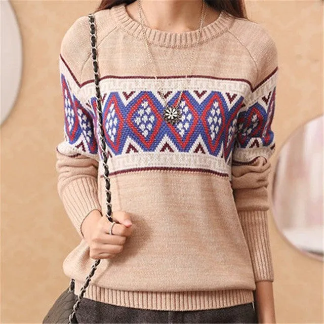 Hot! New Fashion Female Pullovers Knitted Full Sleeve O-neck Autumn Geometric Print Knitted Sweaters 71227 SM6