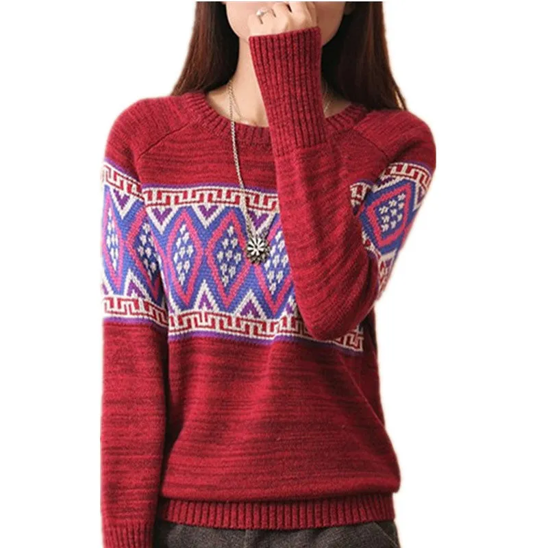 Hot! New Fashion Female Pullovers Knitted Full Sleeve O-neck Autumn Geometric Print Knitted Sweaters 71227 SM6