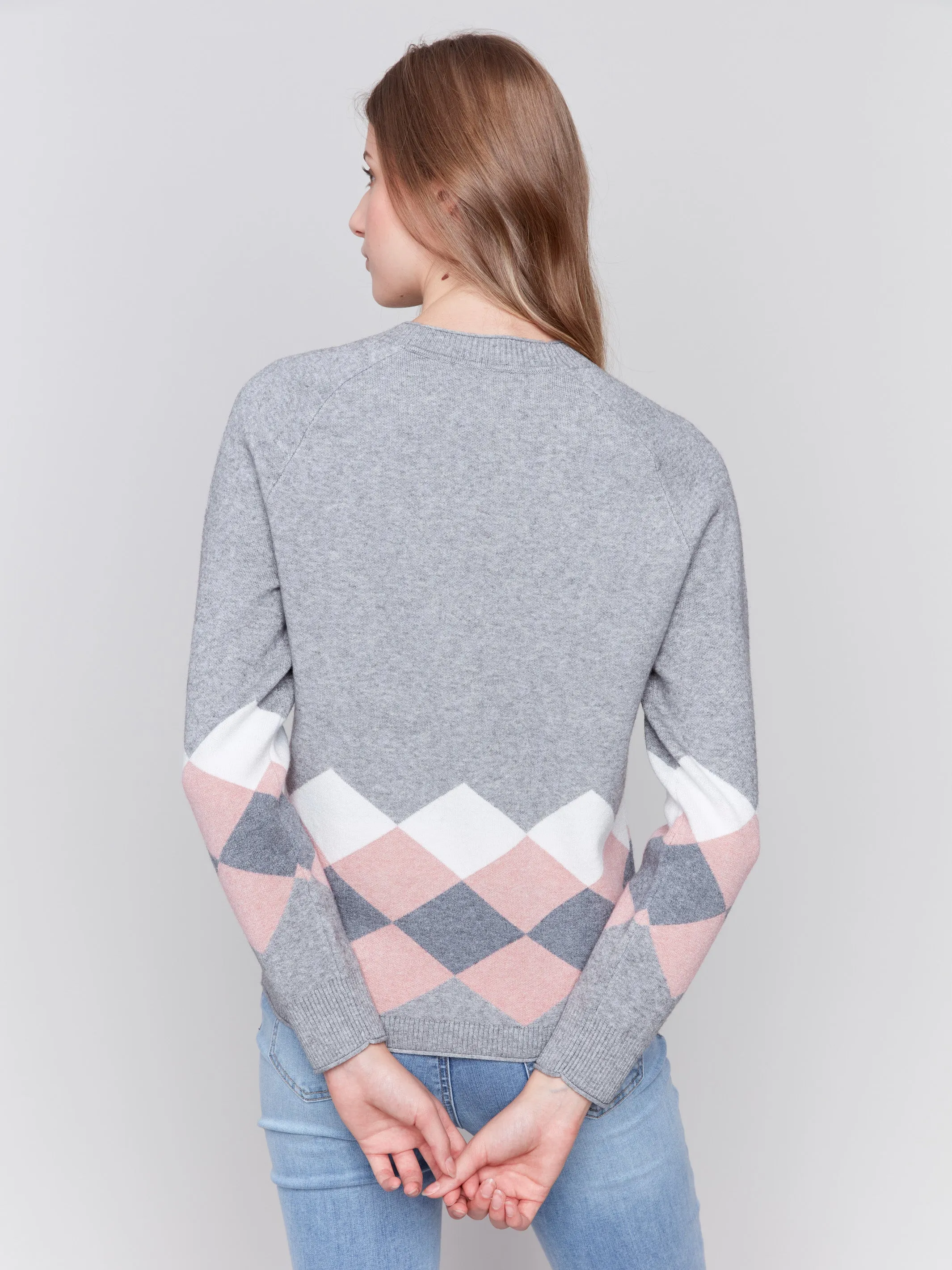 Jacquard Knit Argyle Sweater - Grey