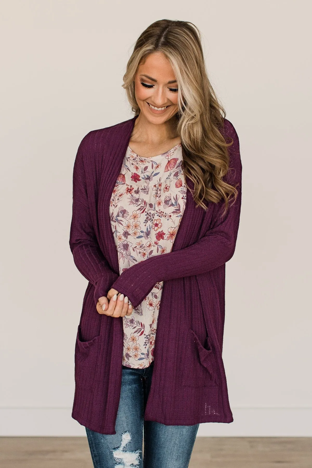 Just A Feeling Knit Cardigan- Plum