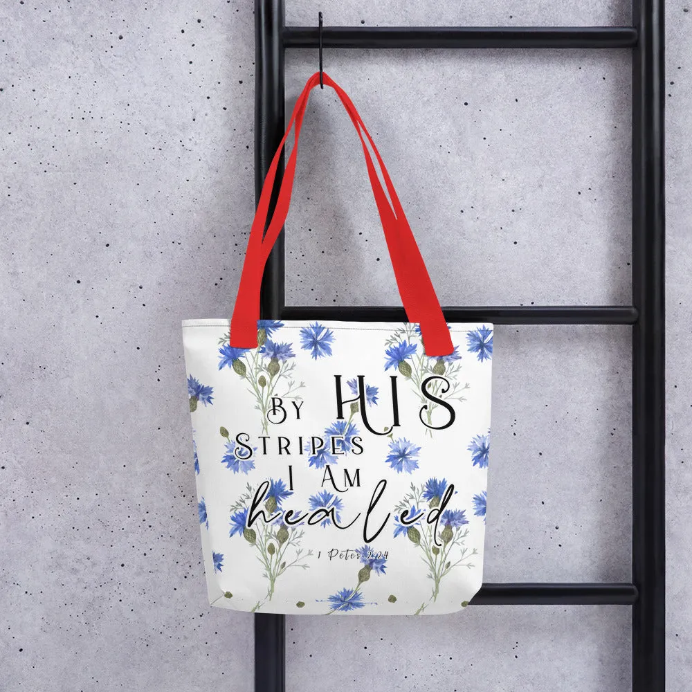 Limited Edition Premium Tote Bag - By His Stripes I Am Healed (Design: Blue Floral)