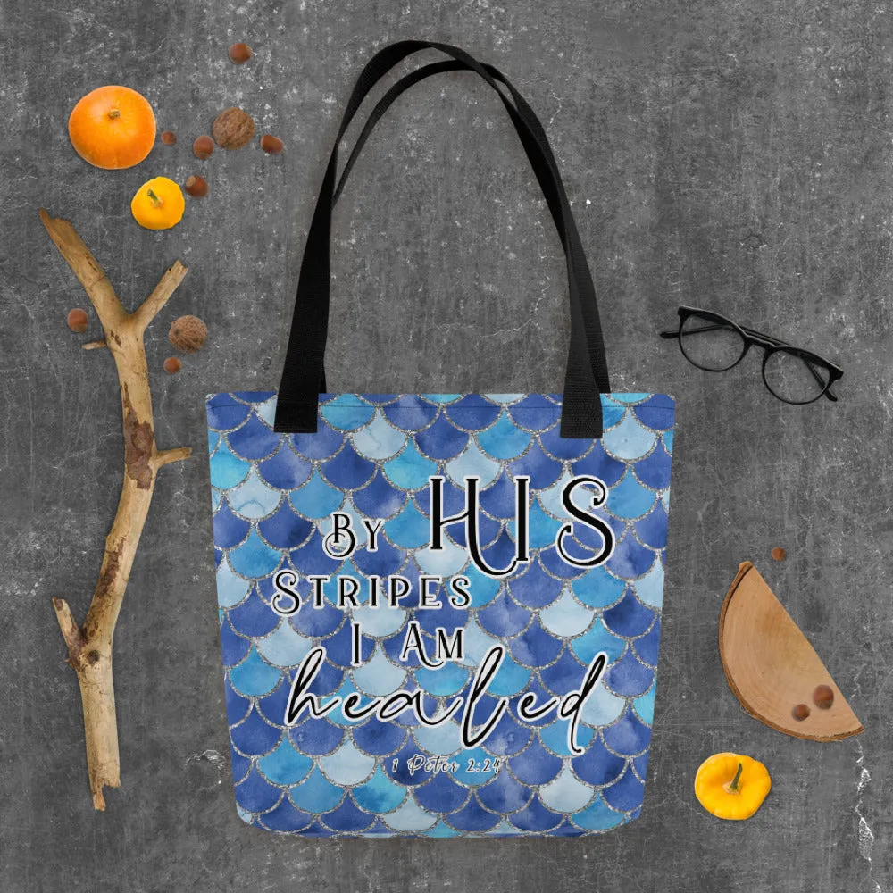 Limited Edition Premium Tote Bag - By His Stripes I Am Healed (Design: Mermaid Scales Blue)