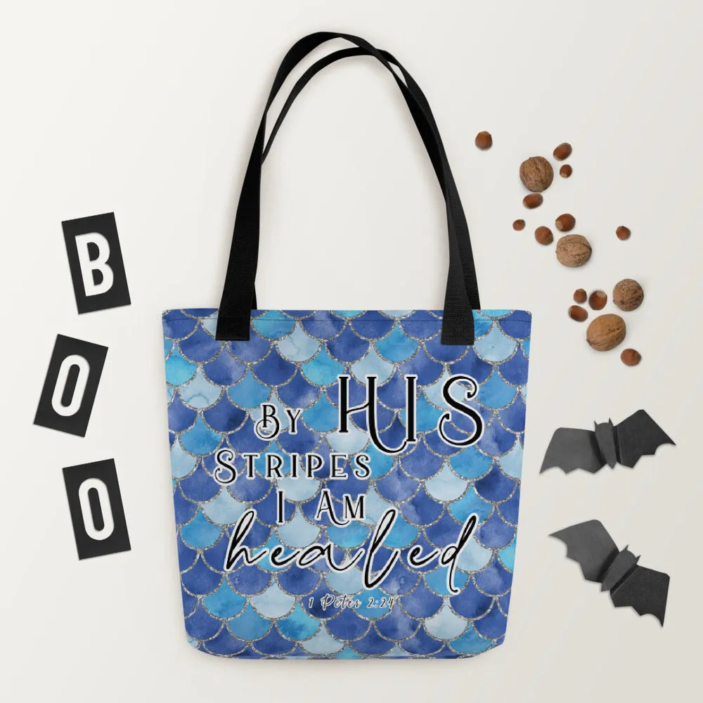 Limited Edition Premium Tote Bag - By His Stripes I Am Healed (Design: Mermaid Scales Blue)