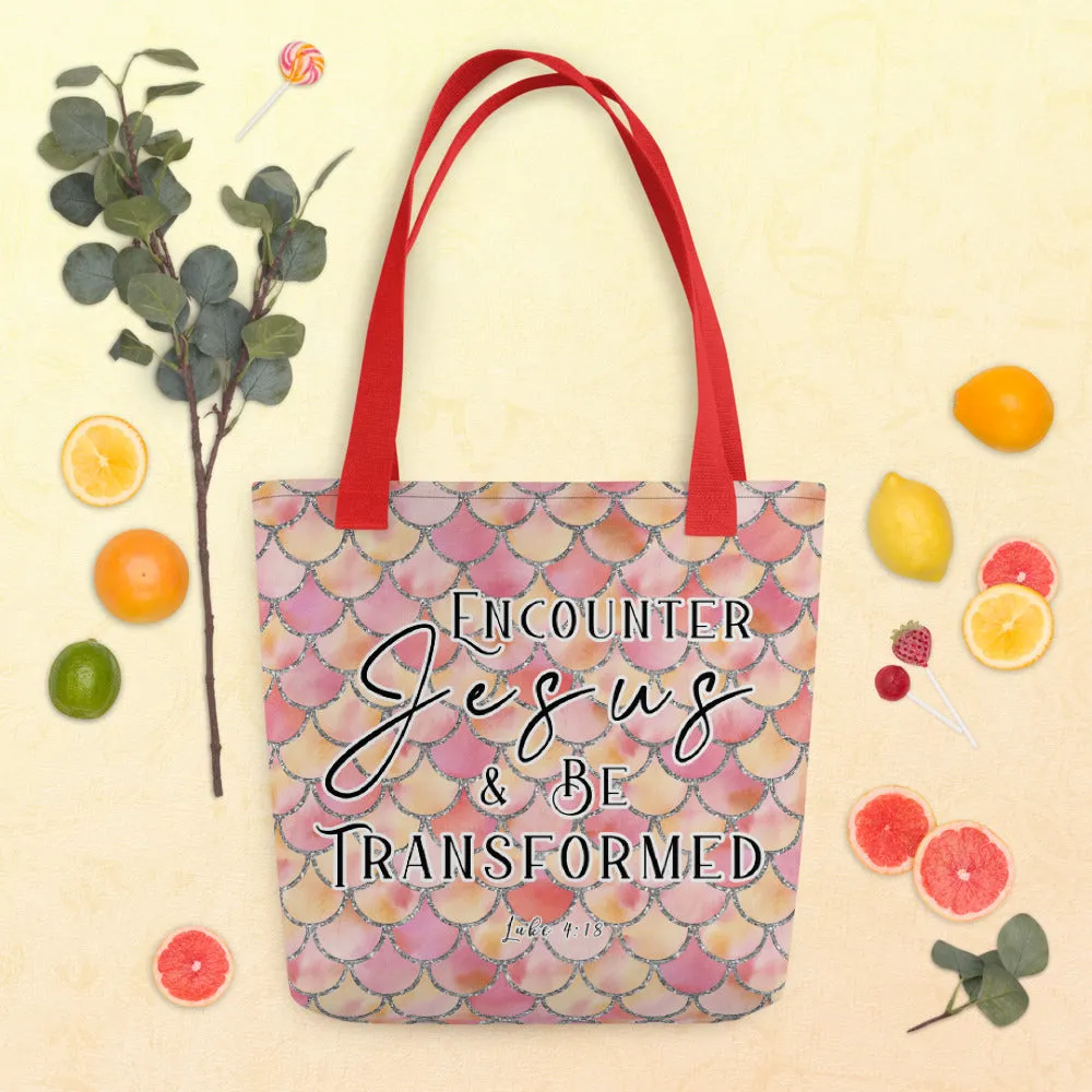 Limited Edition Premium Tote Bag - Encounter Jesus & Be Transformed (Design: Mermaid Scales Pink)