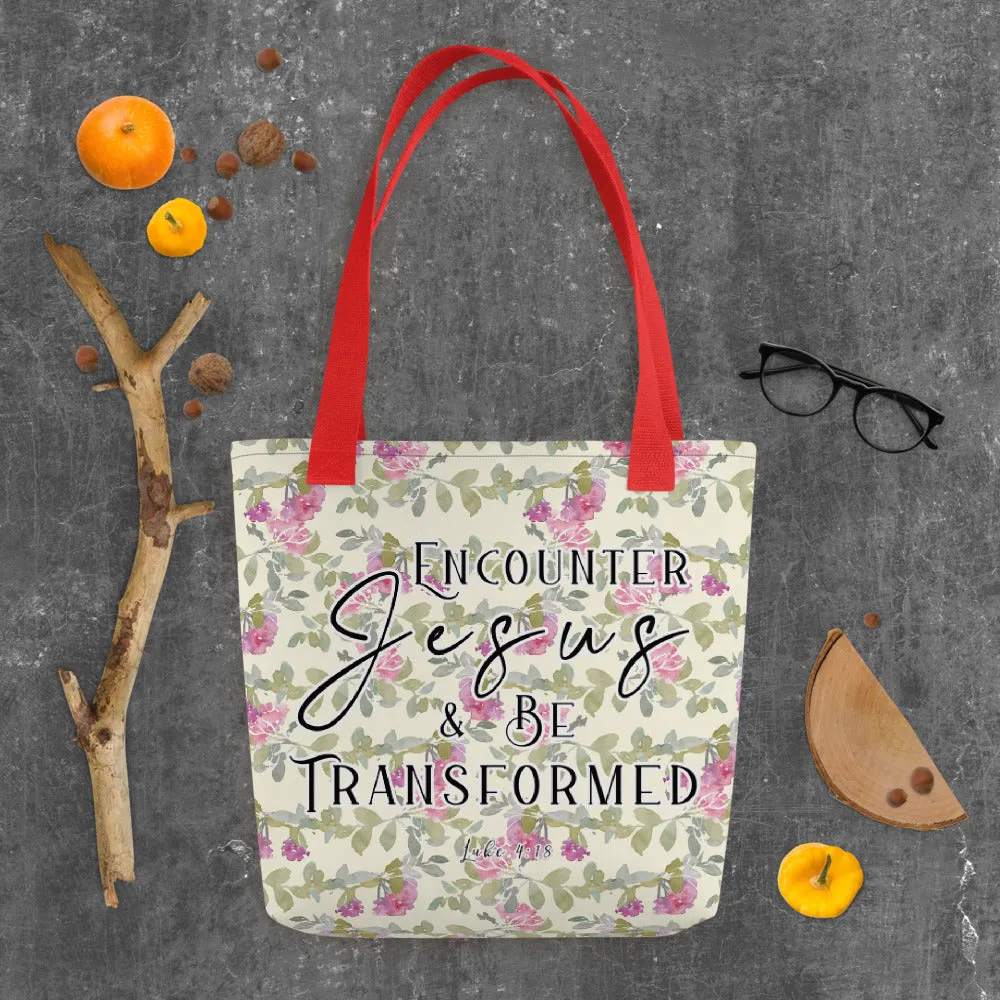 Limited Edition Premium Tote Bag - Encounter Jesus & Be Transformed (Design: Red Floral)