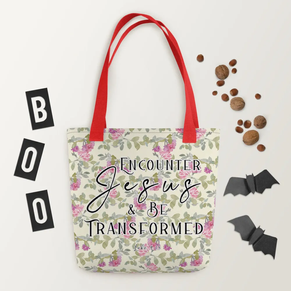 Limited Edition Premium Tote Bag - Encounter Jesus & Be Transformed (Design: Red Floral)