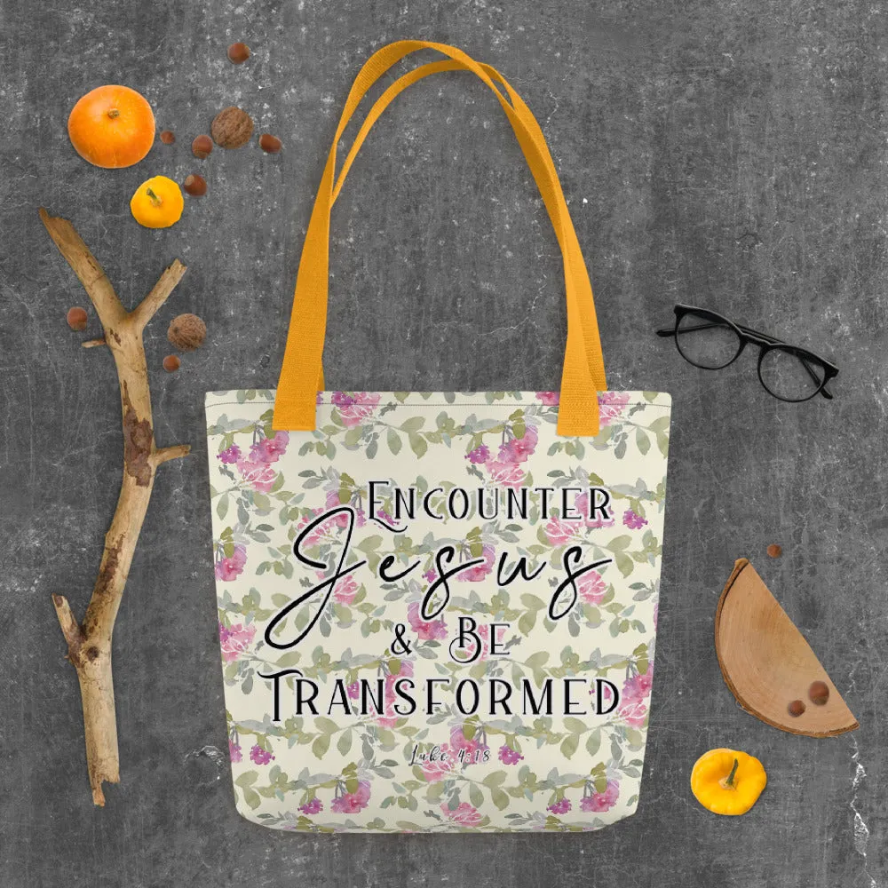 Limited Edition Premium Tote Bag - Encounter Jesus & Be Transformed (Design: Red Floral)