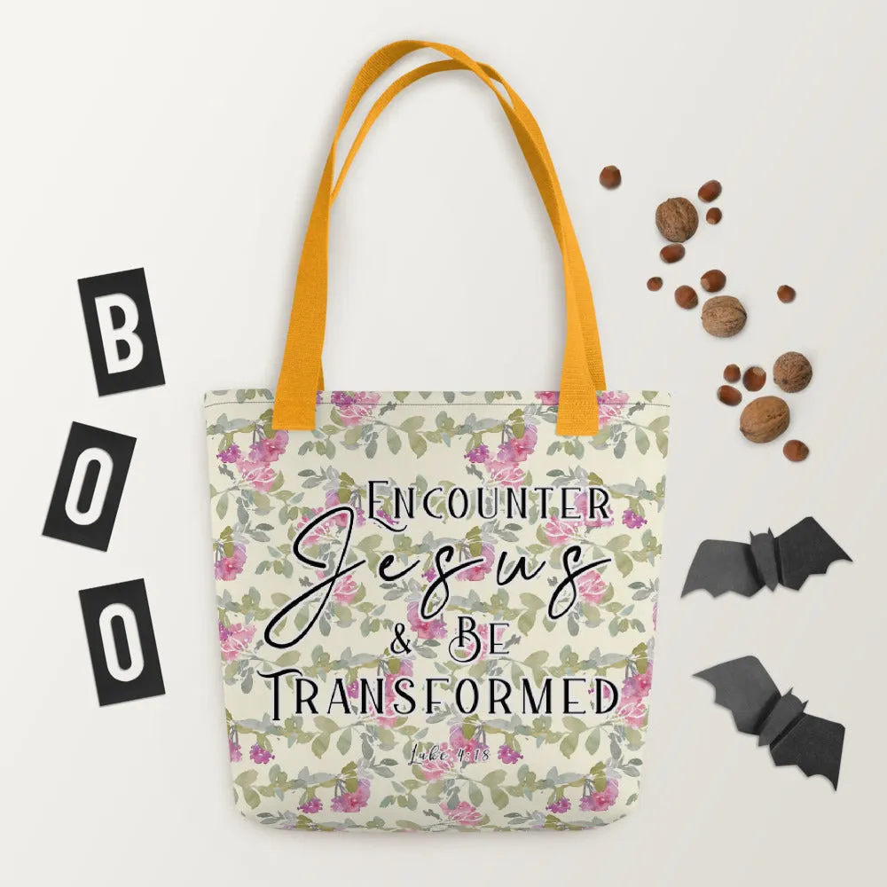 Limited Edition Premium Tote Bag - Encounter Jesus & Be Transformed (Design: Red Floral)