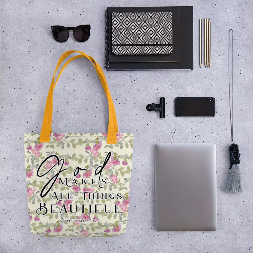 Limited Edition Premium Tote Bag - God Makes All Things Beautiful (Design: Red Floral)